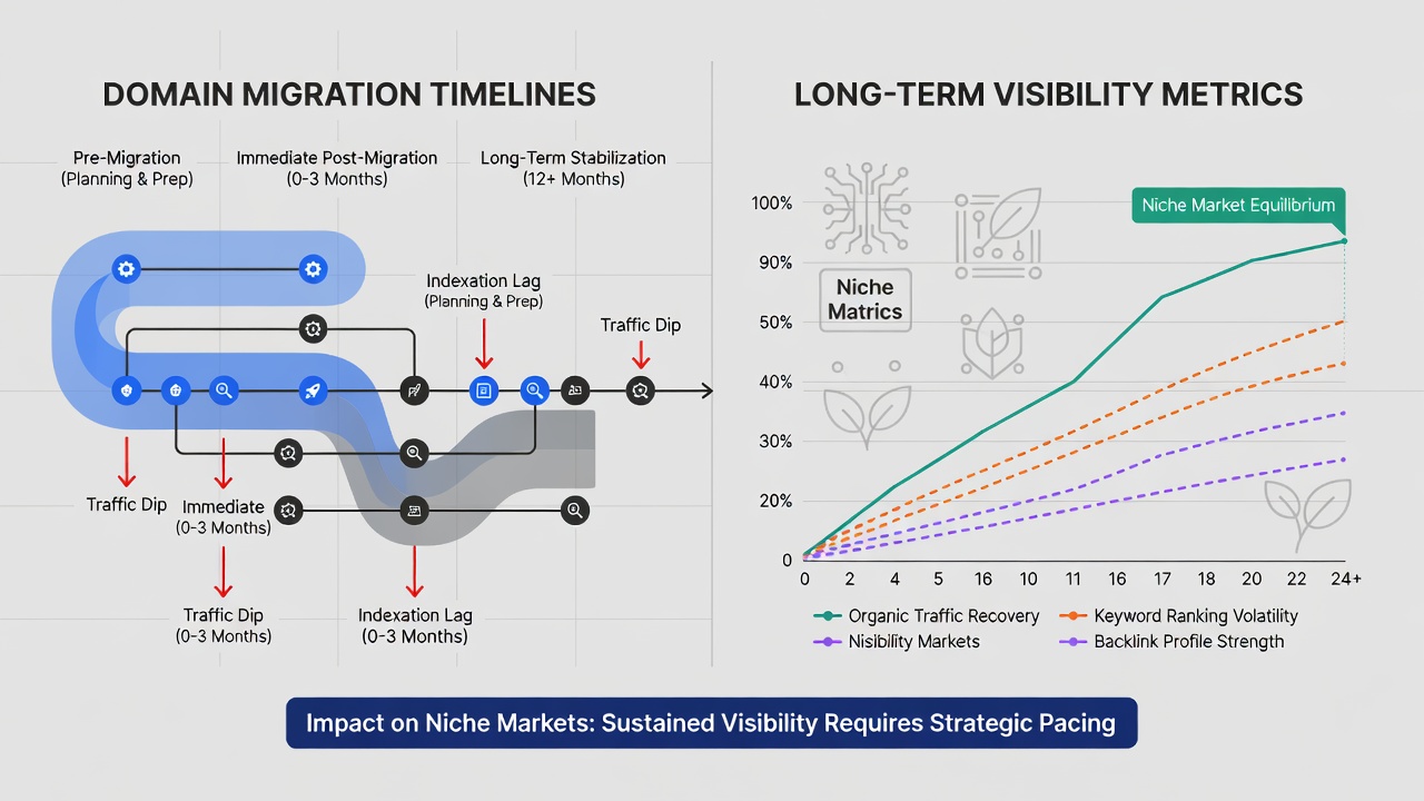 Timeline chart illustrating backlink retention rates after domain migrations of varying durations across multiple niche industries
